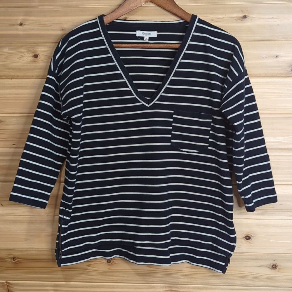 Madewell Womens Top Medium Black‎ Striped Boxy Top Side Zippers